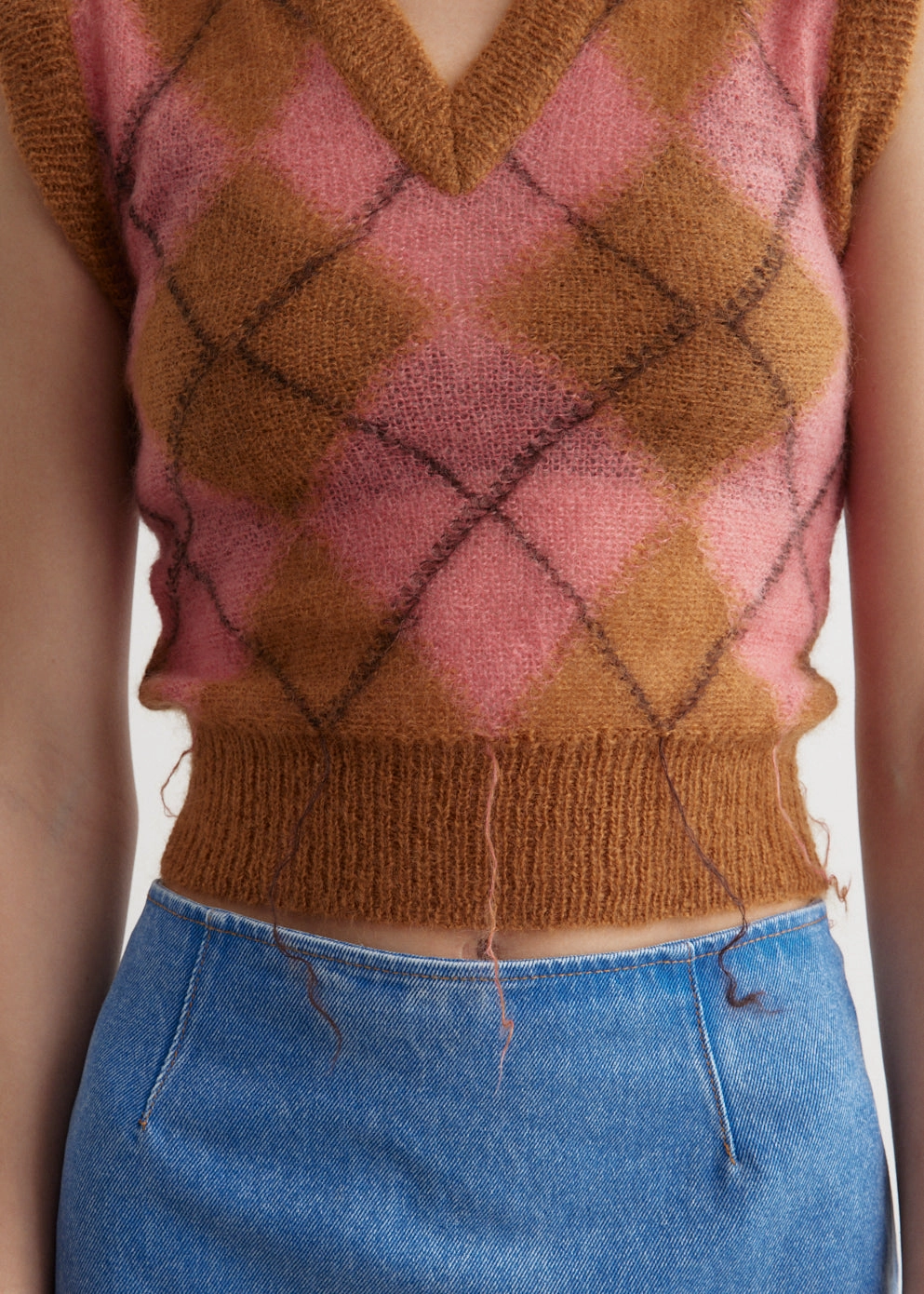 Argyle Light Mohair V-Neck Sweater Vest Polo Neckline Chic Comforted