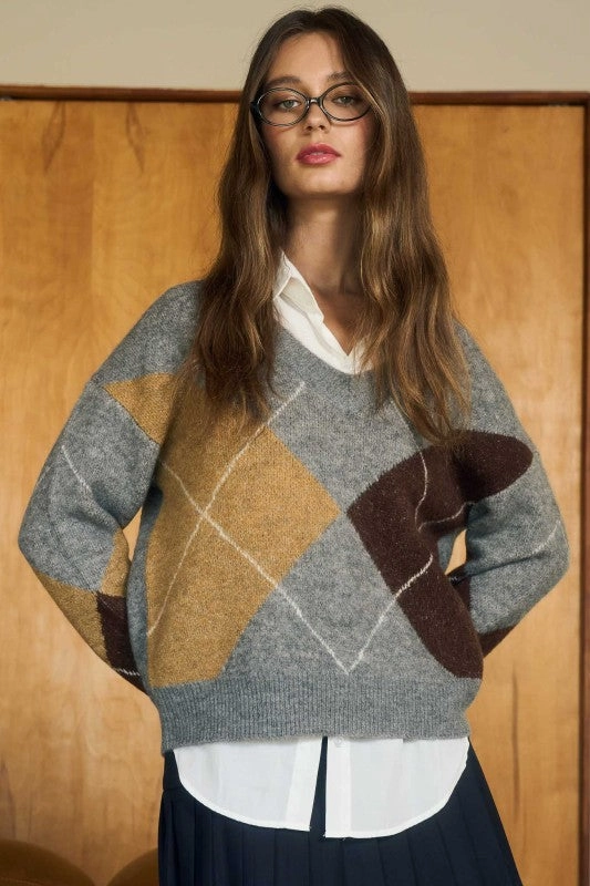 Argyle V Neck Long Sleeve Pullover Sweater Stylish Outfit Cozy and Soft