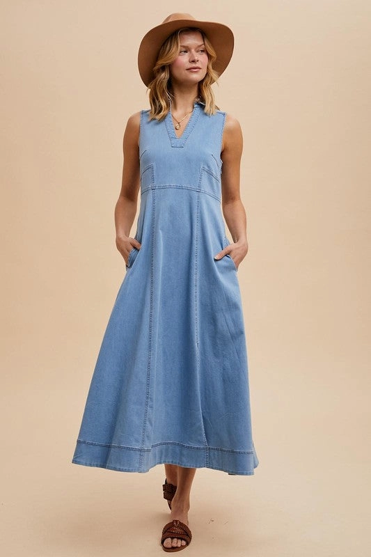 LORELEI COLLARED DENIM FLARE MIDI Summer Staple Party Perfect