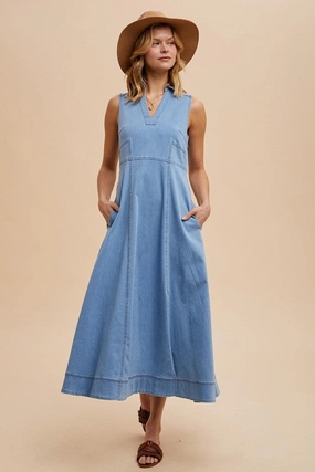 LORELEI COLLARED DENIM FLARE MIDI Summer Staple Party Perfect