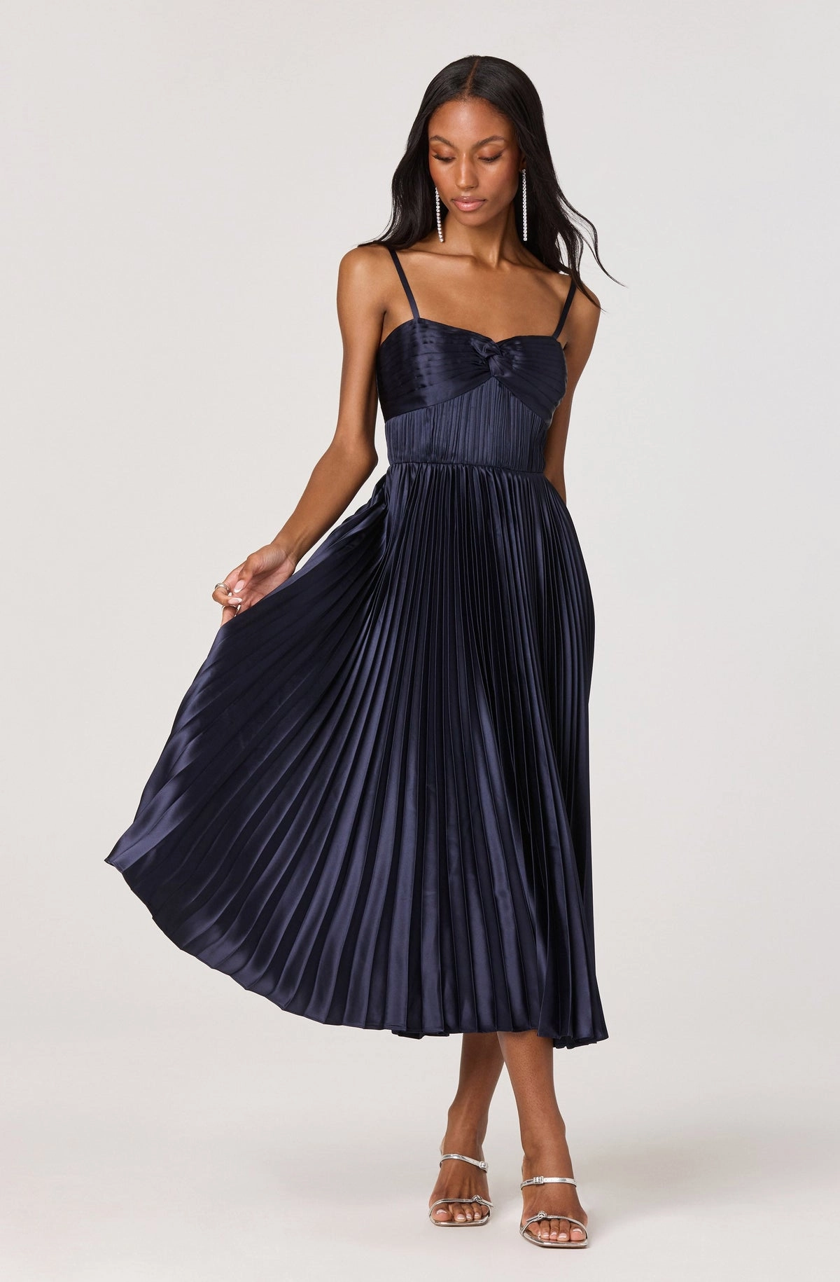 Ascella Sweetheart Pleated Midi Dress in Navy Light Weight High Neck