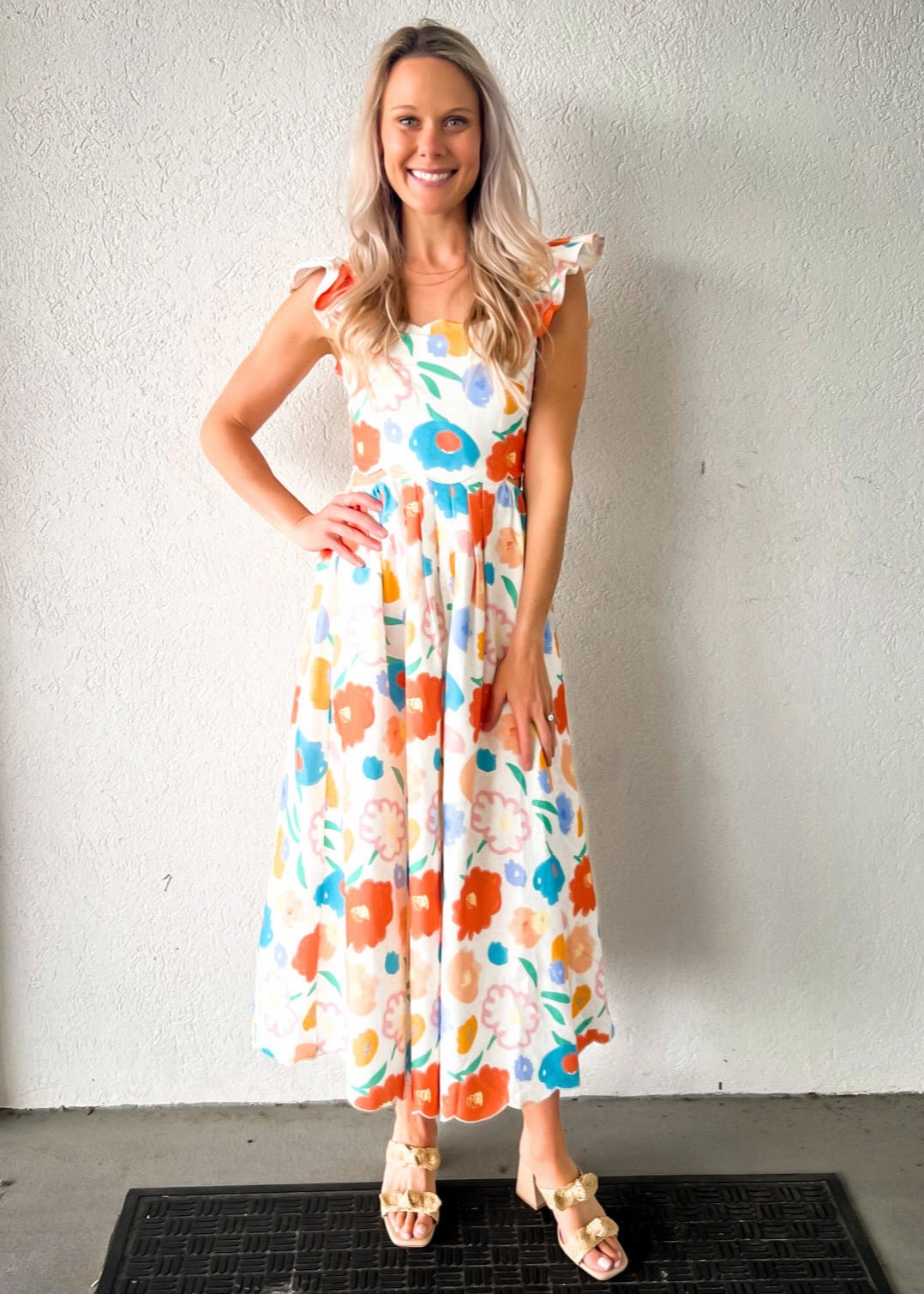 ASHTON FLORAL DENIM SCALLOP MIDI DRESS Elegant Silhouette