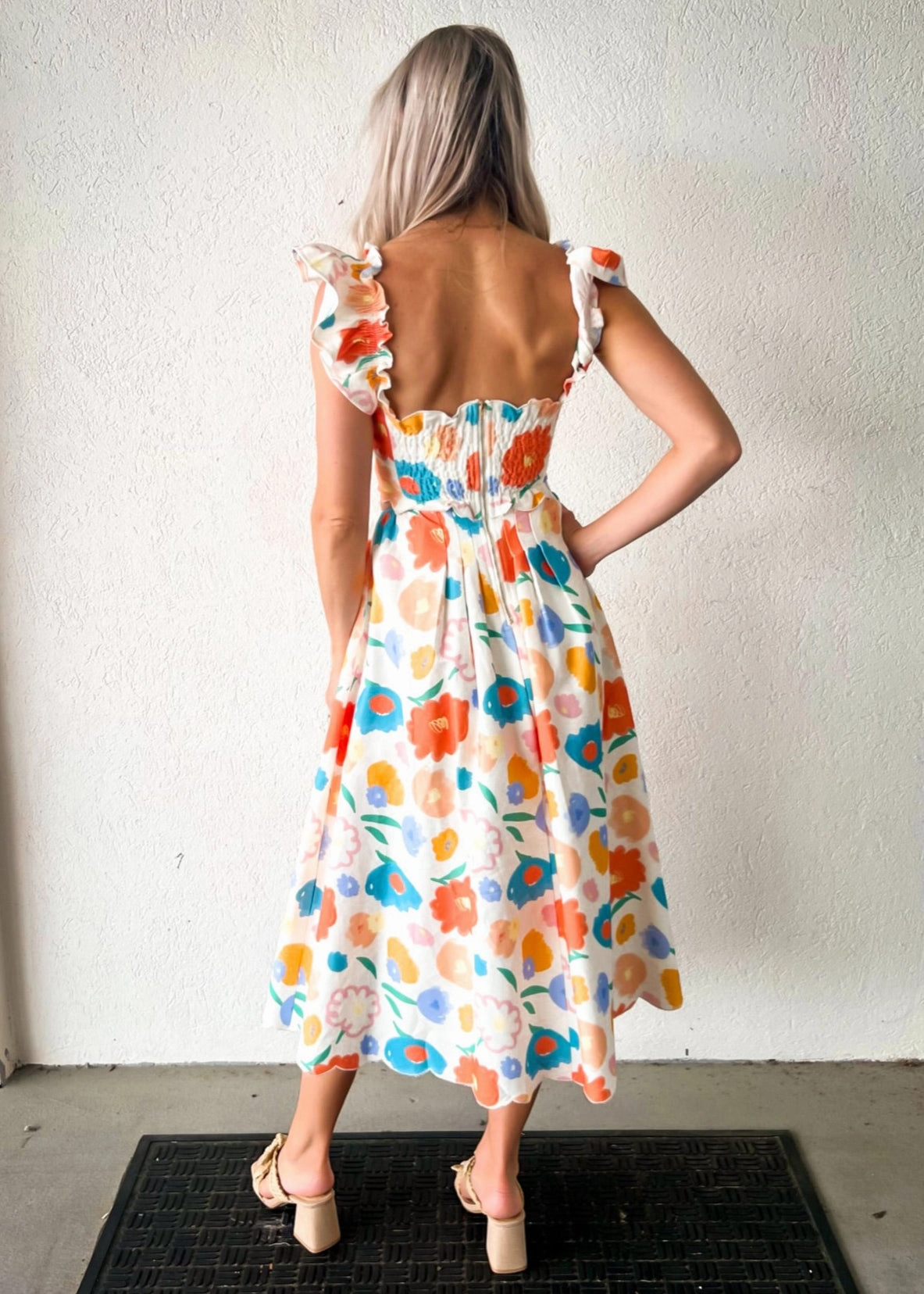 ASHTON FLORAL DENIM SCALLOP MIDI DRESS Chic Direction Light Aesthetic