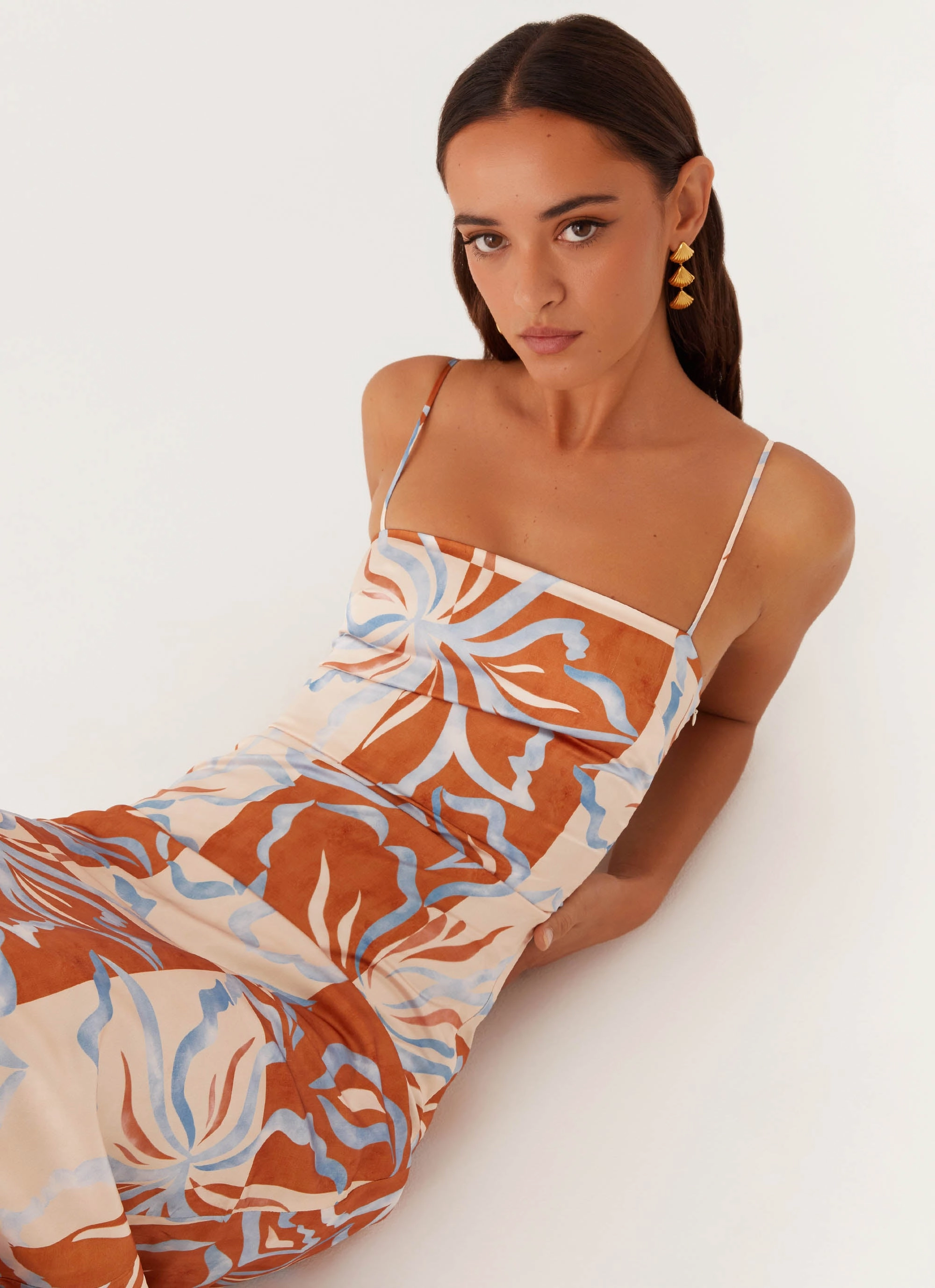 Satin Soft Sophisticated Touch Aster Bloom Maxi Dress - Orange Blue Floral