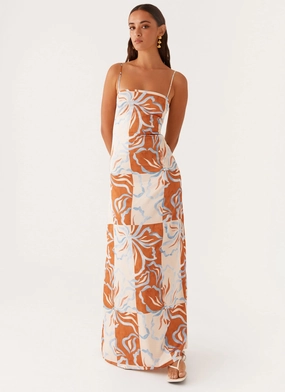 Aster Bloom Maxi Dress - Orange Blue Floral Travel Wear All Timewear