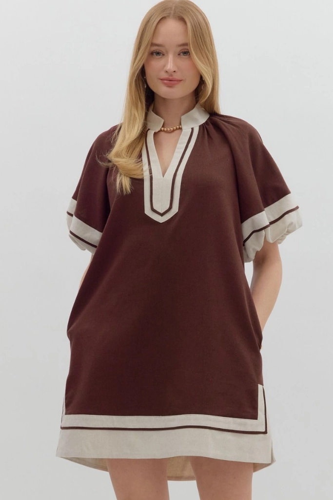 Aster Puff Sleeve Mini Dress in Chocolate Boho Aesthetic