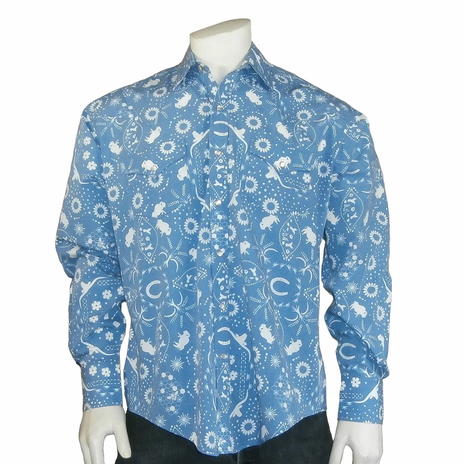 Flexible Movement Edgy style Rockmount Mens Bison Bandana Blue Cotton Blend L/S Shirt