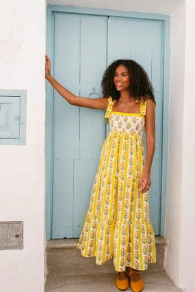 Chilly Weather Wear Cozy Cut Athens Dress in Buttercup Stripe