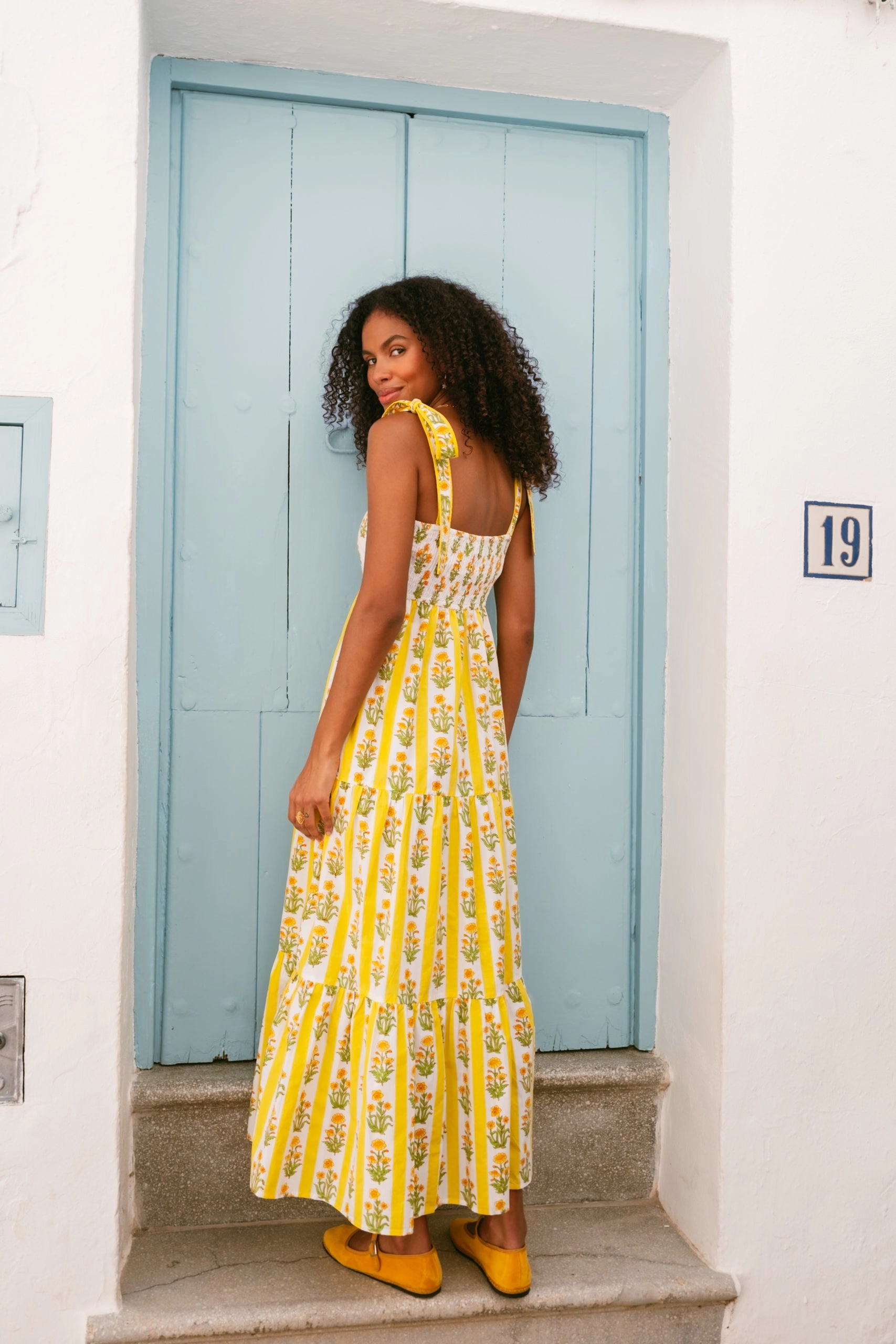 Athens Dress in Buttercup Stripe Drapey Fabric