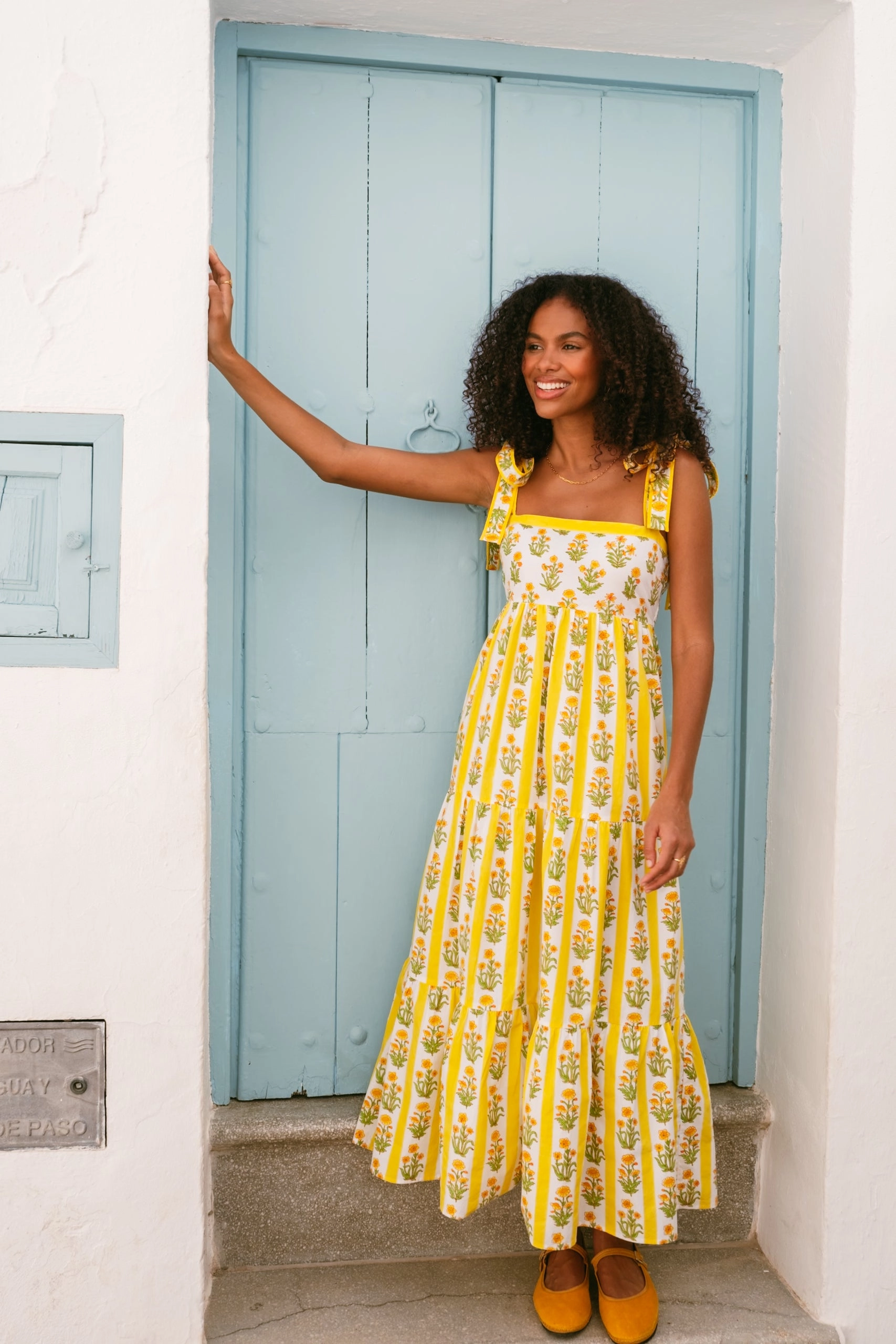 Chilly Weather Wear Cozy Cut Athens Dress in Buttercup Stripe