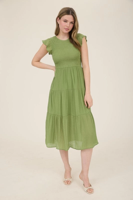 Urban Cool Chic Layered Wear DANICA SMOCKED TIERED MIDI DRESS S-3XL