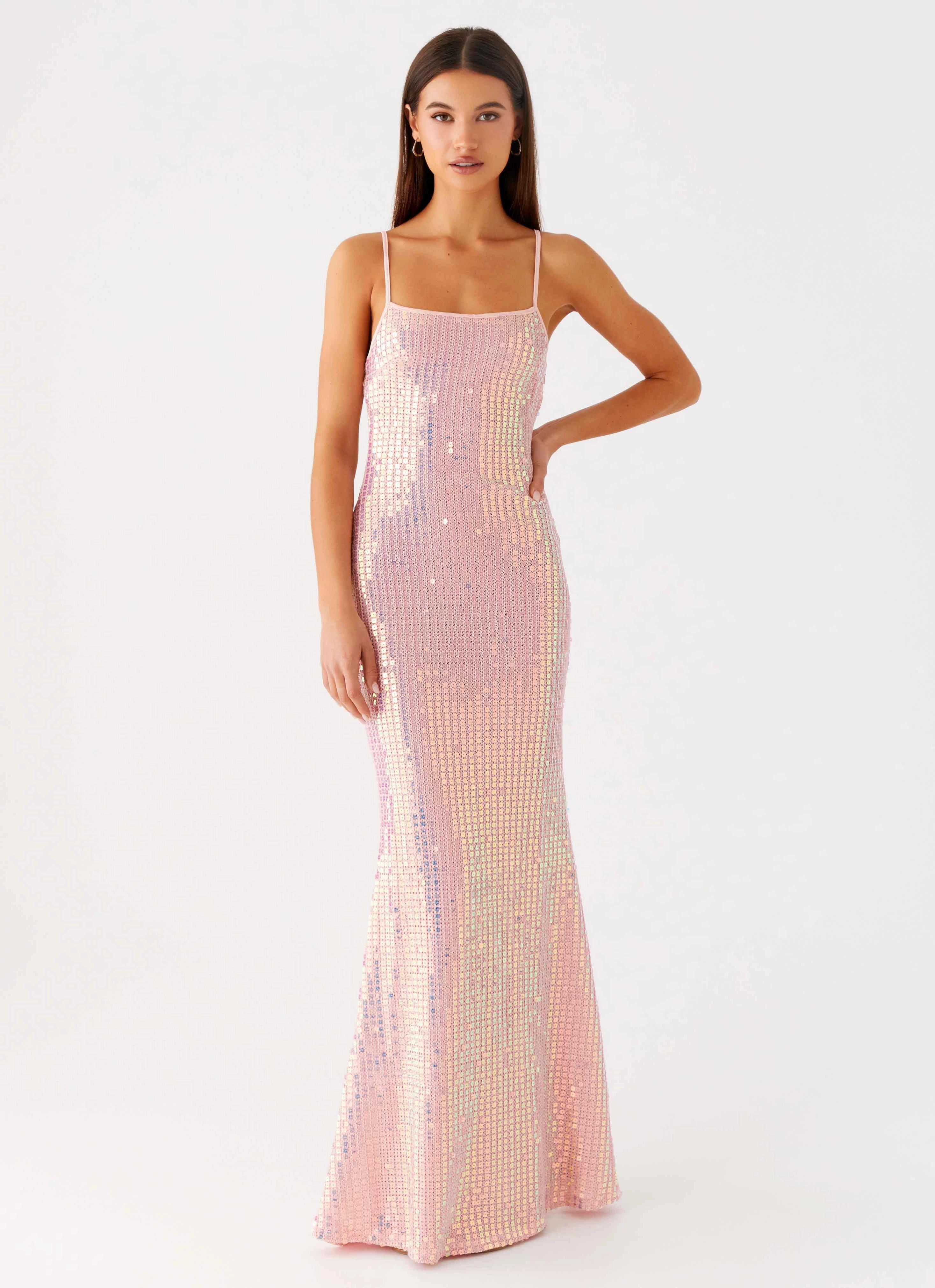 Attitude Knit Sequin Maxi Dress - Iridescent Pink Neutral Base Natural Aesthetic