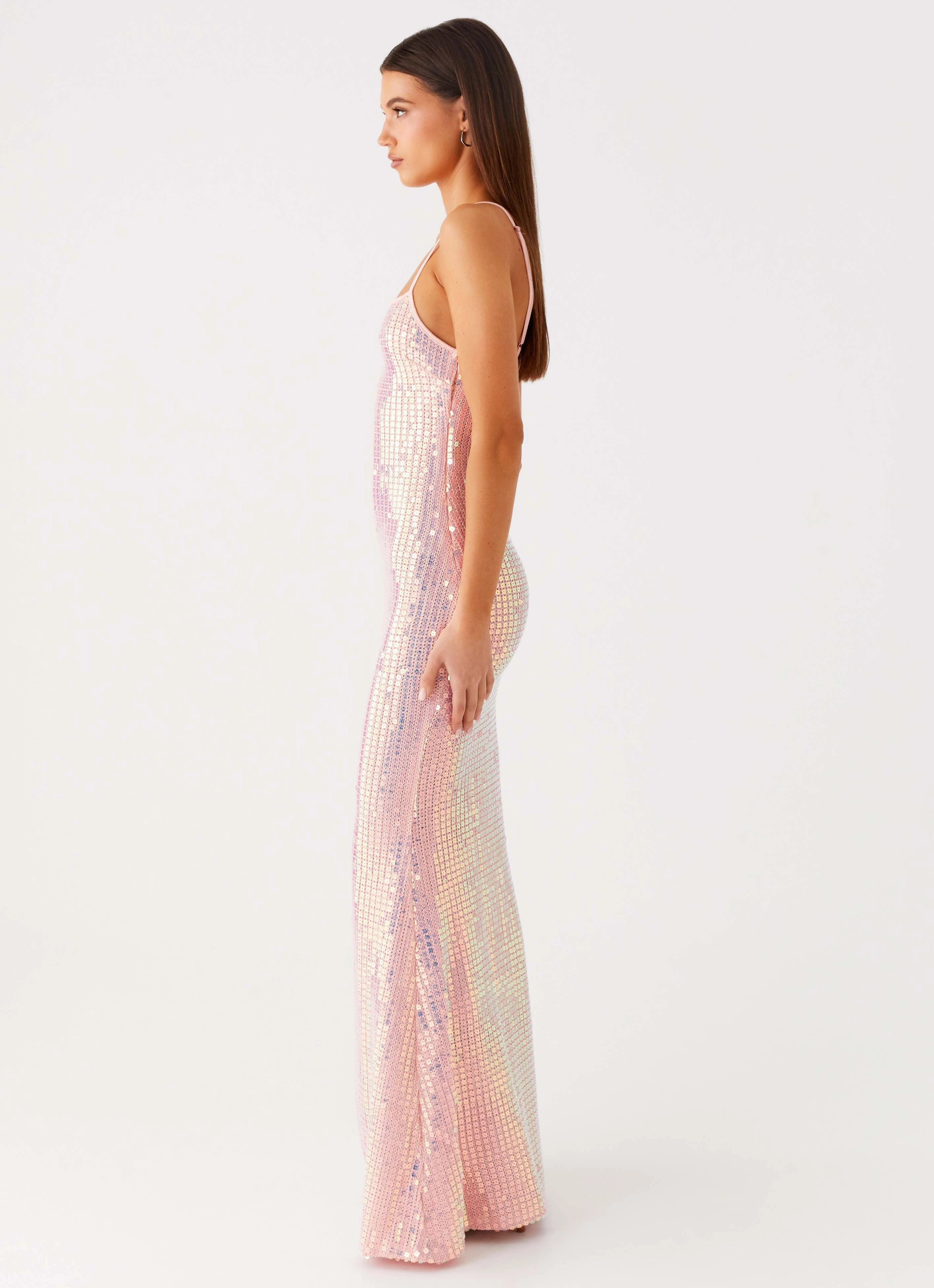 Soft and Relaxed Comfy Fit Wear Attitude Knit Sequin Maxi Dress - Iridescent Pink
