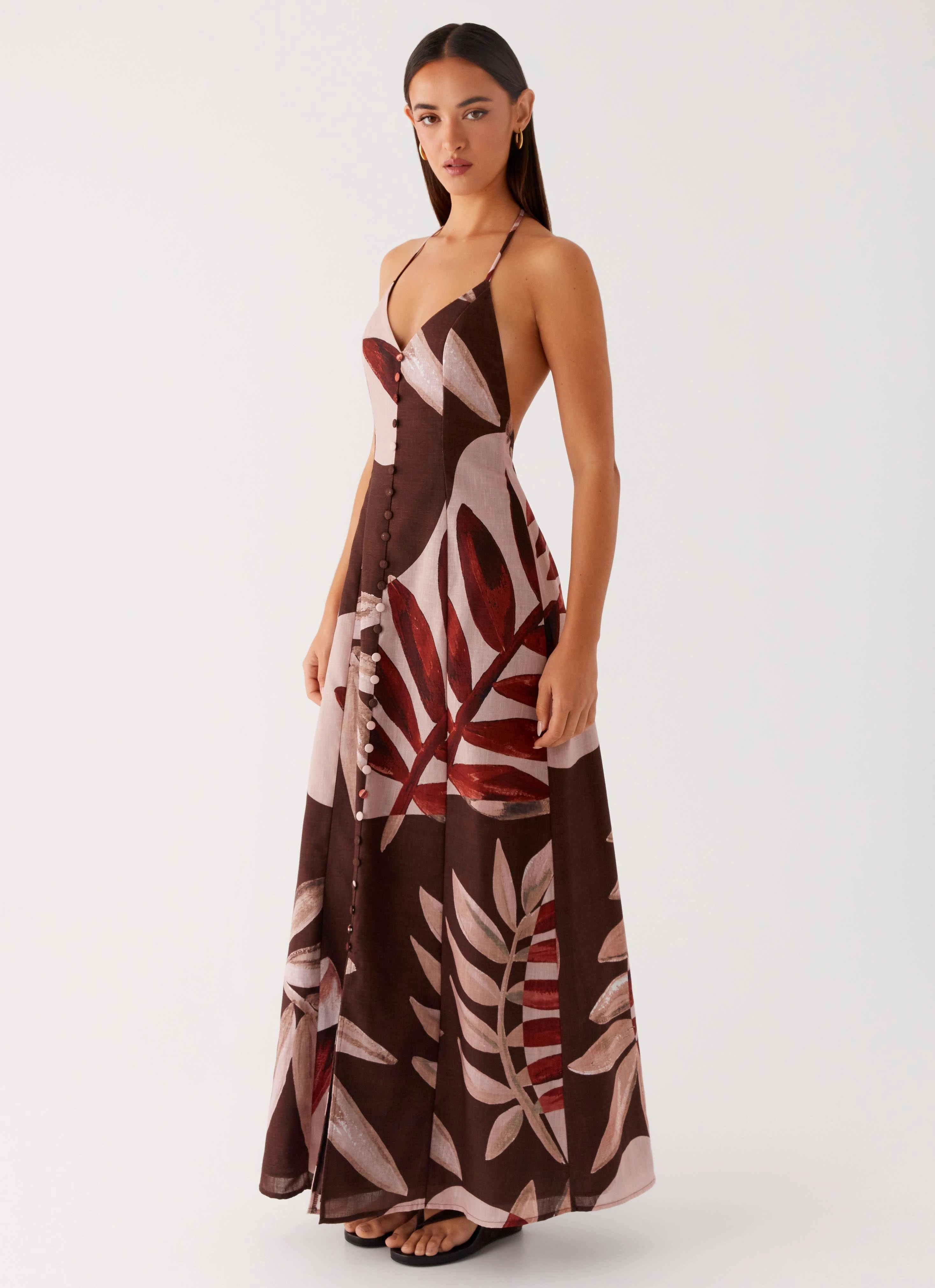 Smart Layer Wear Autumn Linen Maxi Dress - Cinnamon Palm