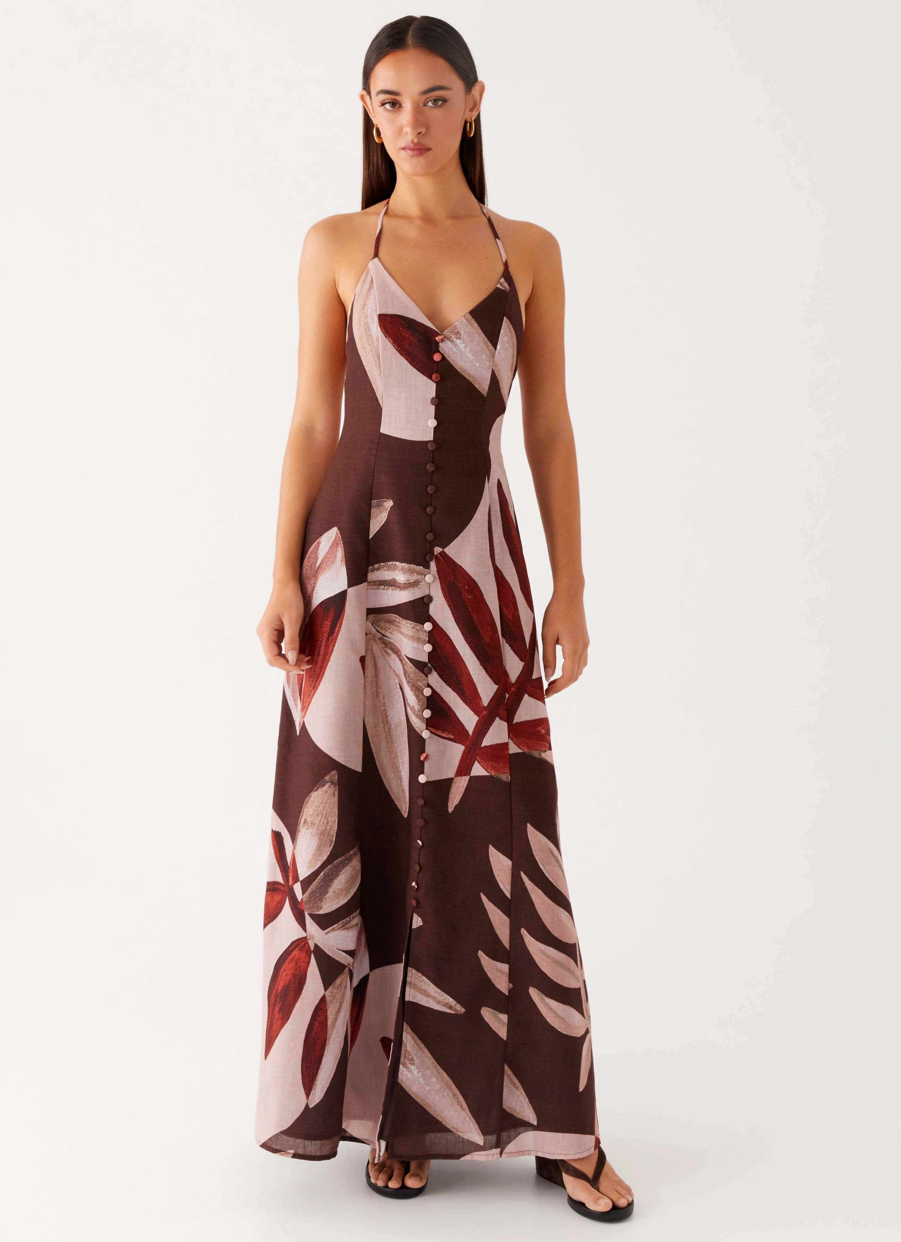 Autumn Linen Maxi Dress - Cinnamon Palm Playful printed gown