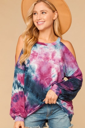 Heidi Tie Dye Bubble Sleeve Cold Shoulder Top Smart Design Friction Free Inner Lining