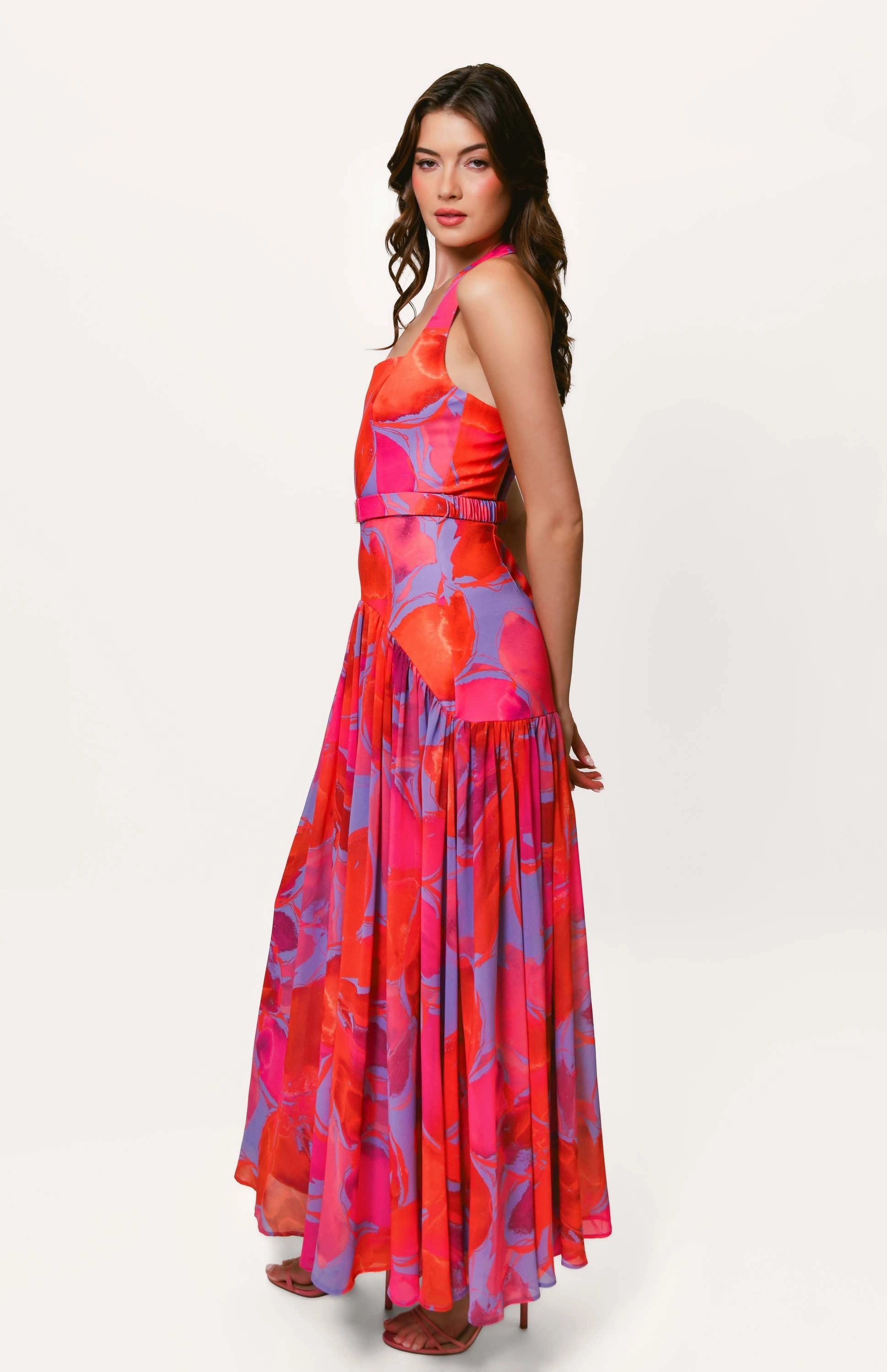 Birthday-Celebration Minimal Design Aza Halter Maxi Dress in Purple Watercolor Gardenia