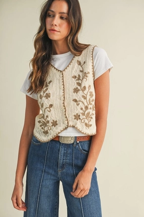 Bailey Blanket Stitch Floral Crochet Sweater Vest S-XL V neck Comfortable Knitwear