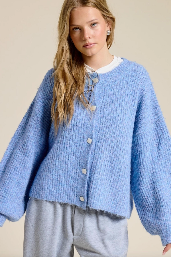 Balloon Sleeve Knit Cardigan - Blue Fine Gauge