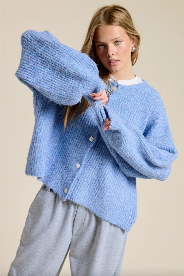 Comfy Knit Outfit Balloon Sleeve Knit Cardigan - Blue