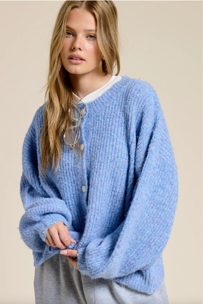 Balloon Sleeve Knit Cardigan - Blue Cozy Vibe