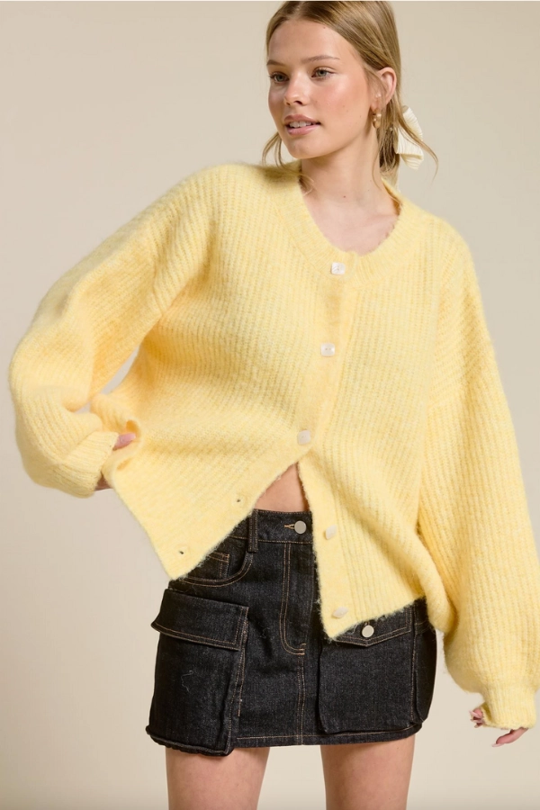 Balloon Sleeve Knit Cardigan - Butter Textured Fabric All-Weather Comfort