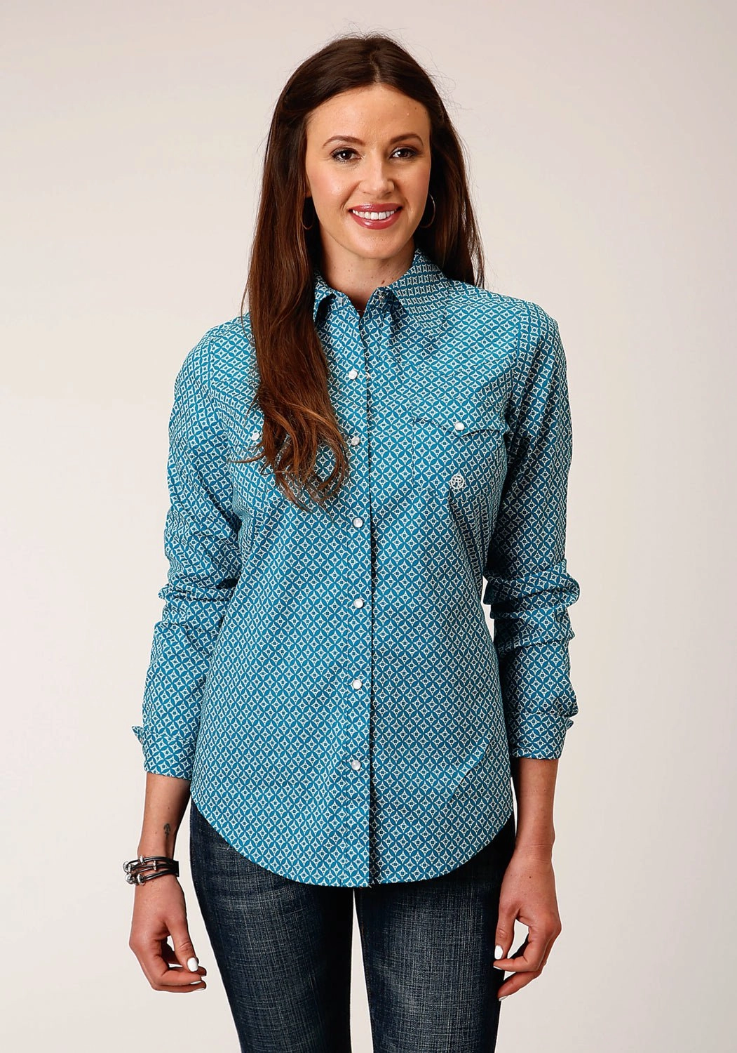 Comfort Fit Neutral Colors Roper Womens Diamond Print Turquoise Cotton Blend L/S Shirt
