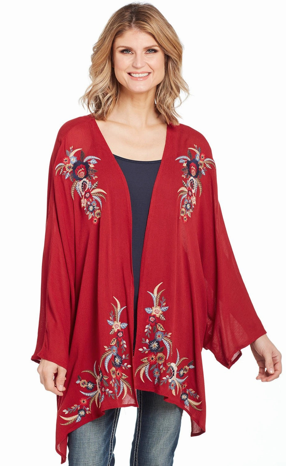 Cowgirl Up Womens Red Rayon Open Kimono Sweater Lattice Stitch Pattern