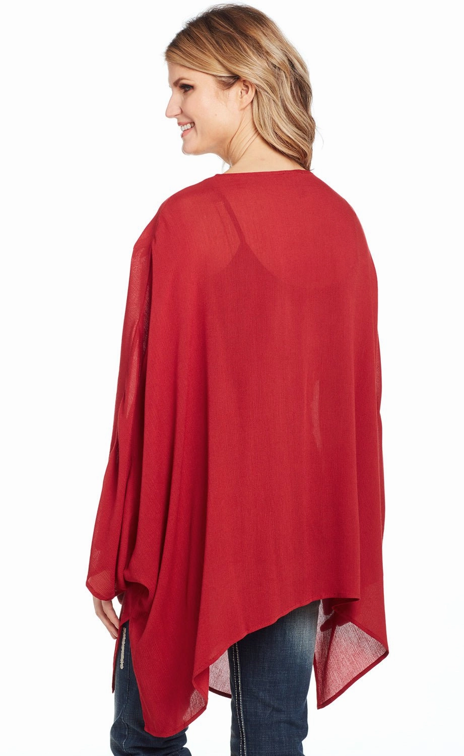 Outdoor Ready Cowgirl Up Womens Red Rayon Open Kimono Sweater