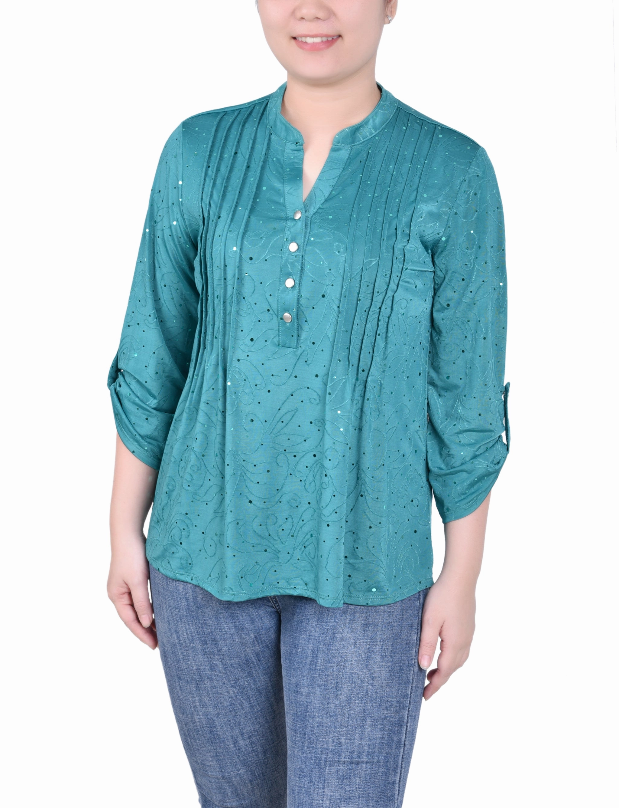 Petite 3/4 Sleeve Roll Tab Y Neck Top Stay Simple