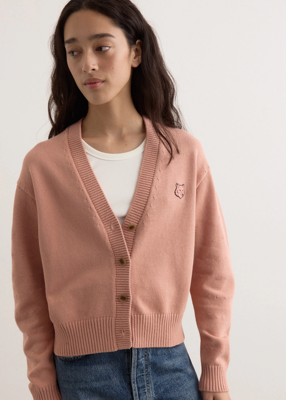 Bold Fox Head Patch Comfort Cardigan Understated Charm Shrinkage Control Treatment