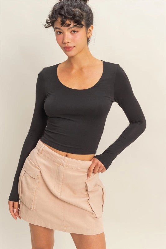 Jenna Scoop Neck Long Sleeve Crop Top Casual Essentials Wear