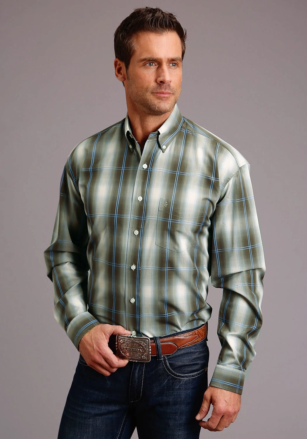 Polished Style Stetson Mens Green 100% Cotton Moss Ombre BD L/S 1 Pkt Shirt