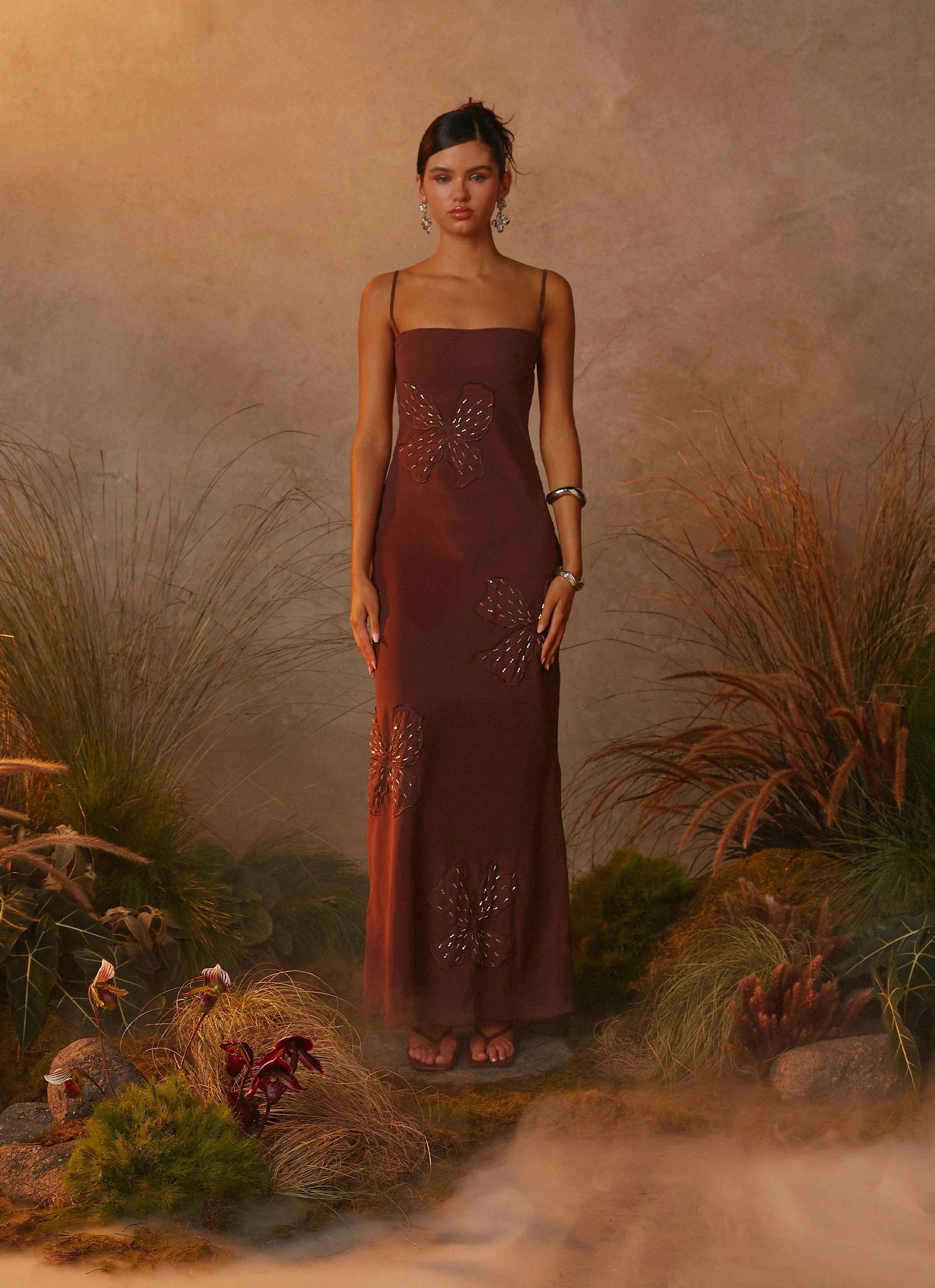 Travel Fashion Scandi Clean Bayla Beaded Flower Maxi Dress - Chocolate