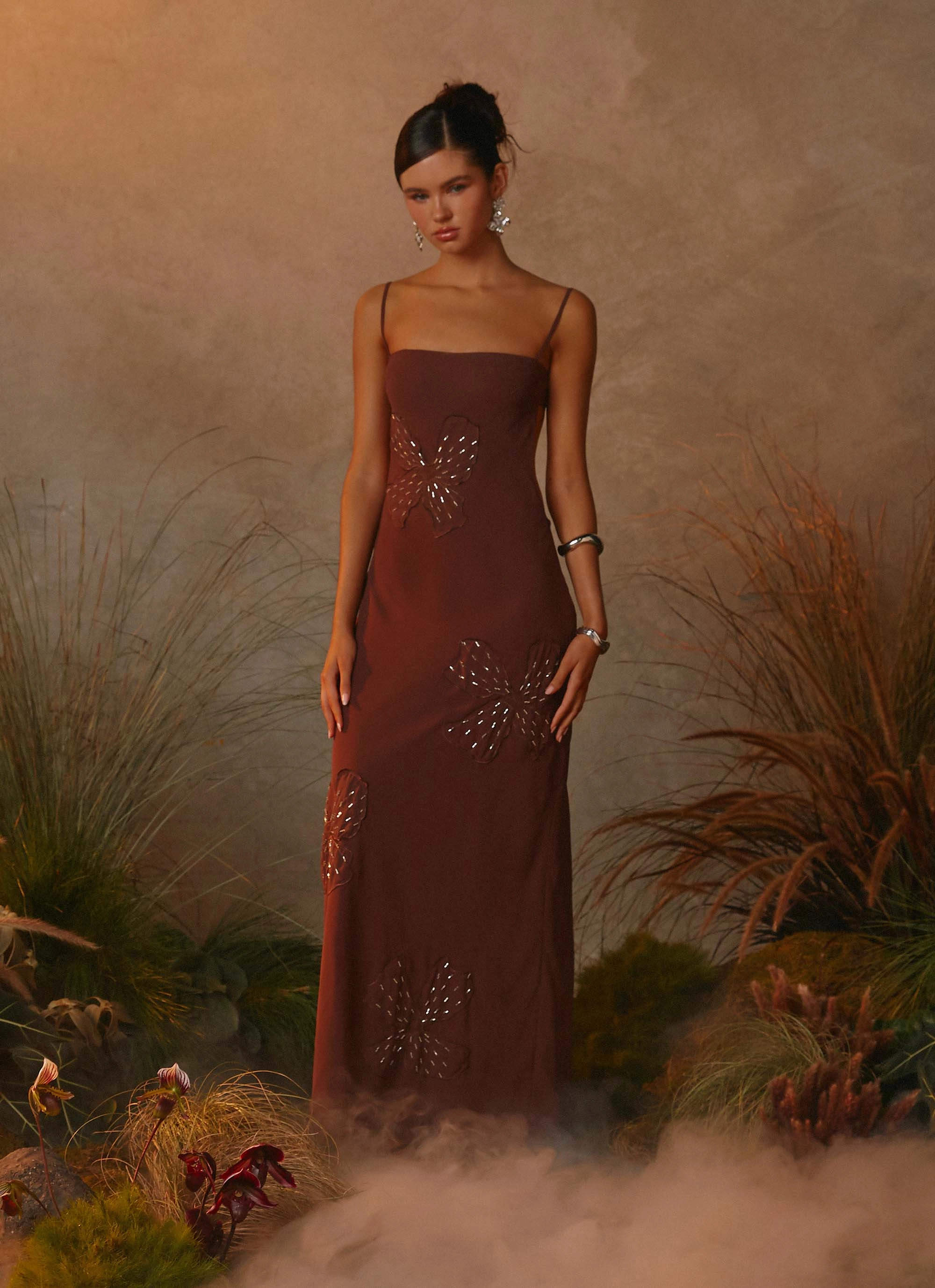 Shared Glow Bayla Beaded Flower Maxi Dress - Chocolate