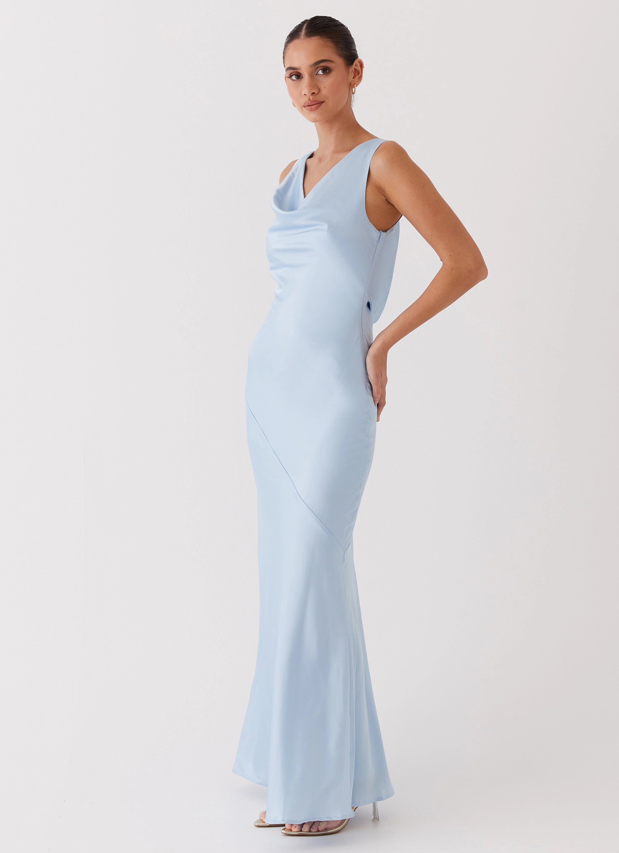 Be Mine Satin Maxi Dress - Blue Front Ruffle