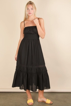 Sylvia Lace Detail Woven Midi Dress Tiered Skirt