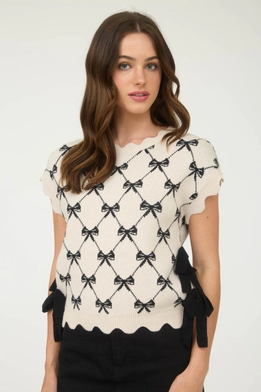 Becky Bow Pattern Short Sleeve Side Tie Knit Pullover Comfy Knit Look