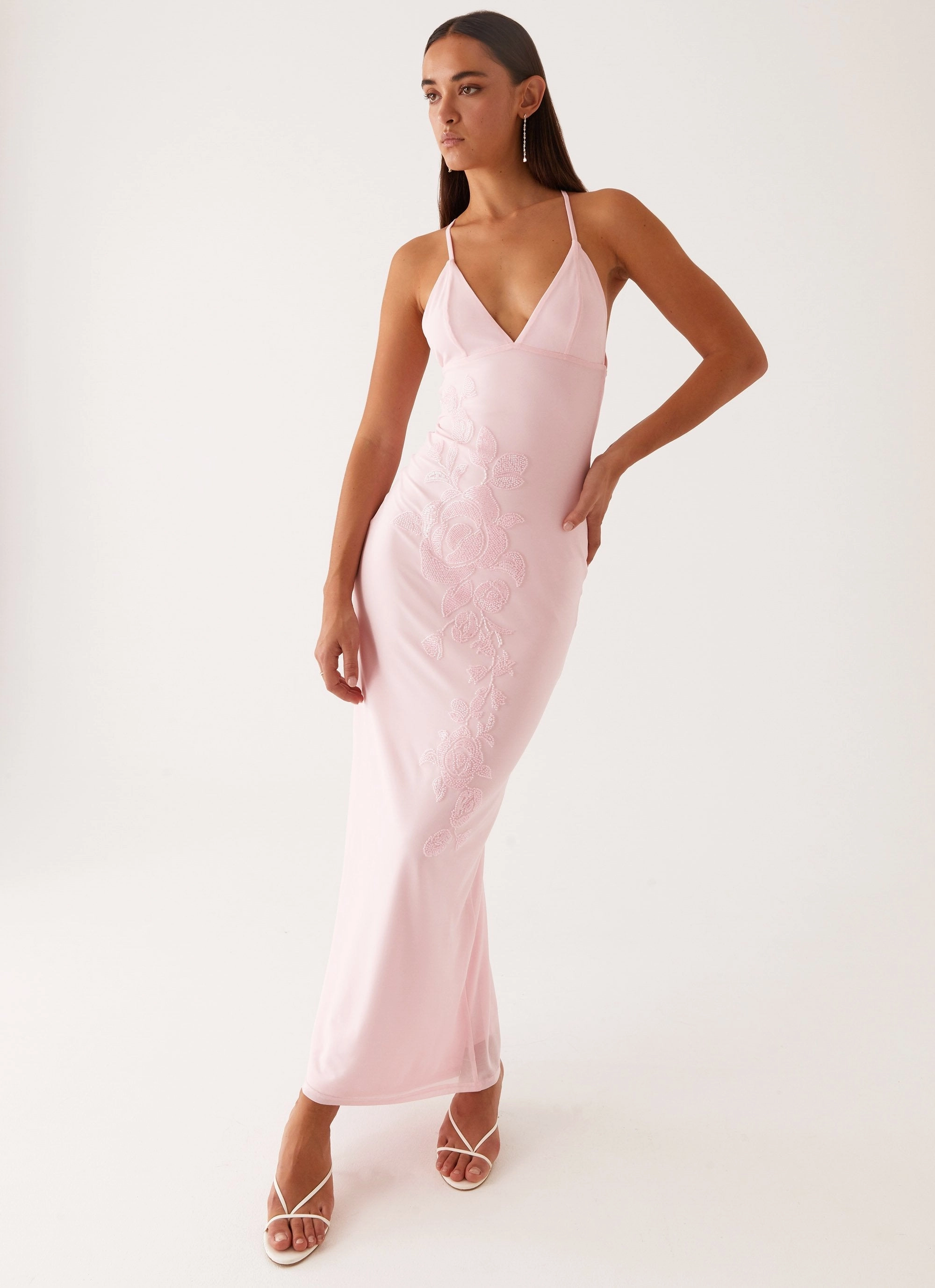 Easy-Storage Beki Beaded Mesh Maxi Dress - Pink