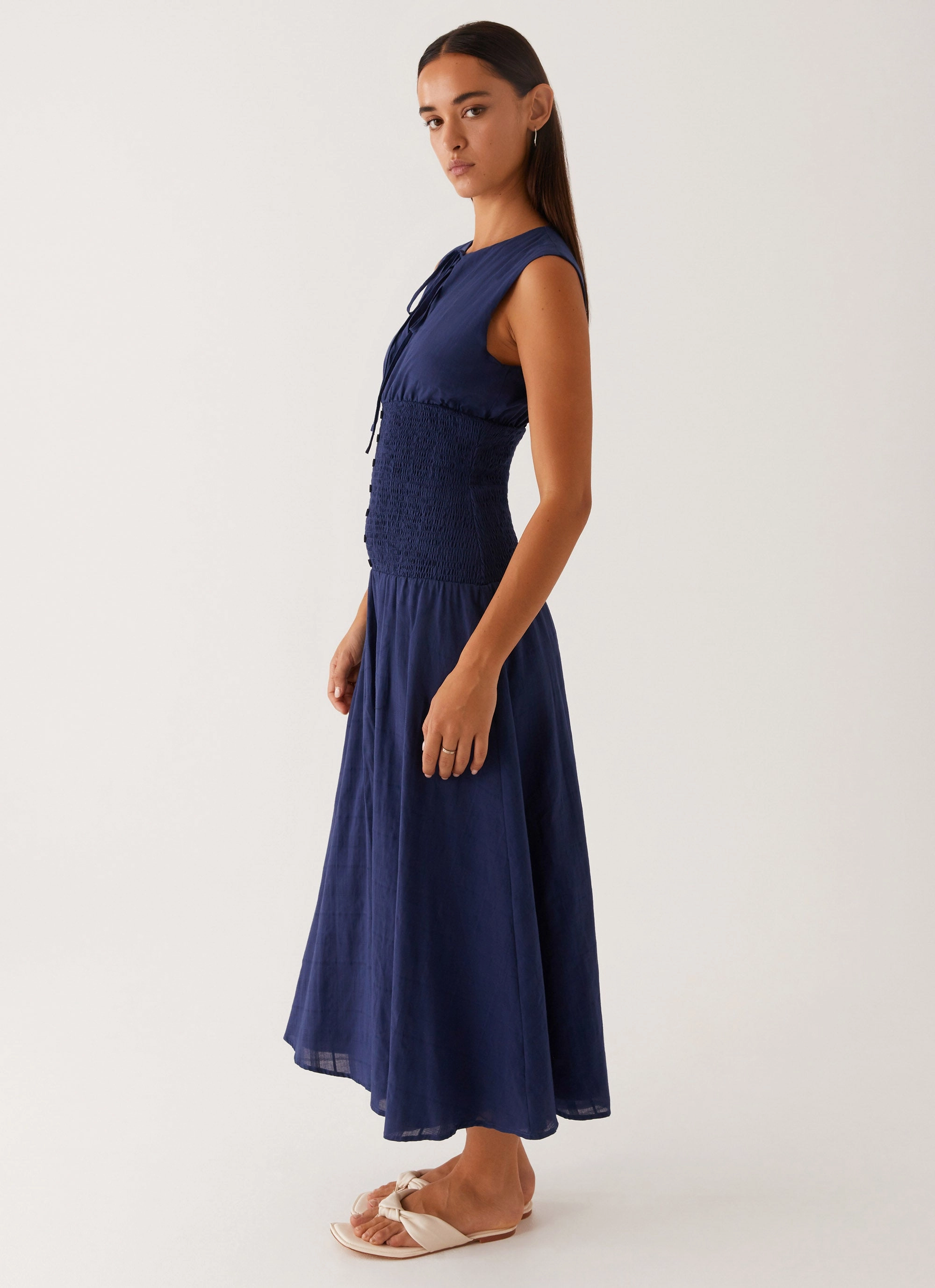 Deep Hue Comfy Look Belle Shirred Waist Midi Dress - Navy