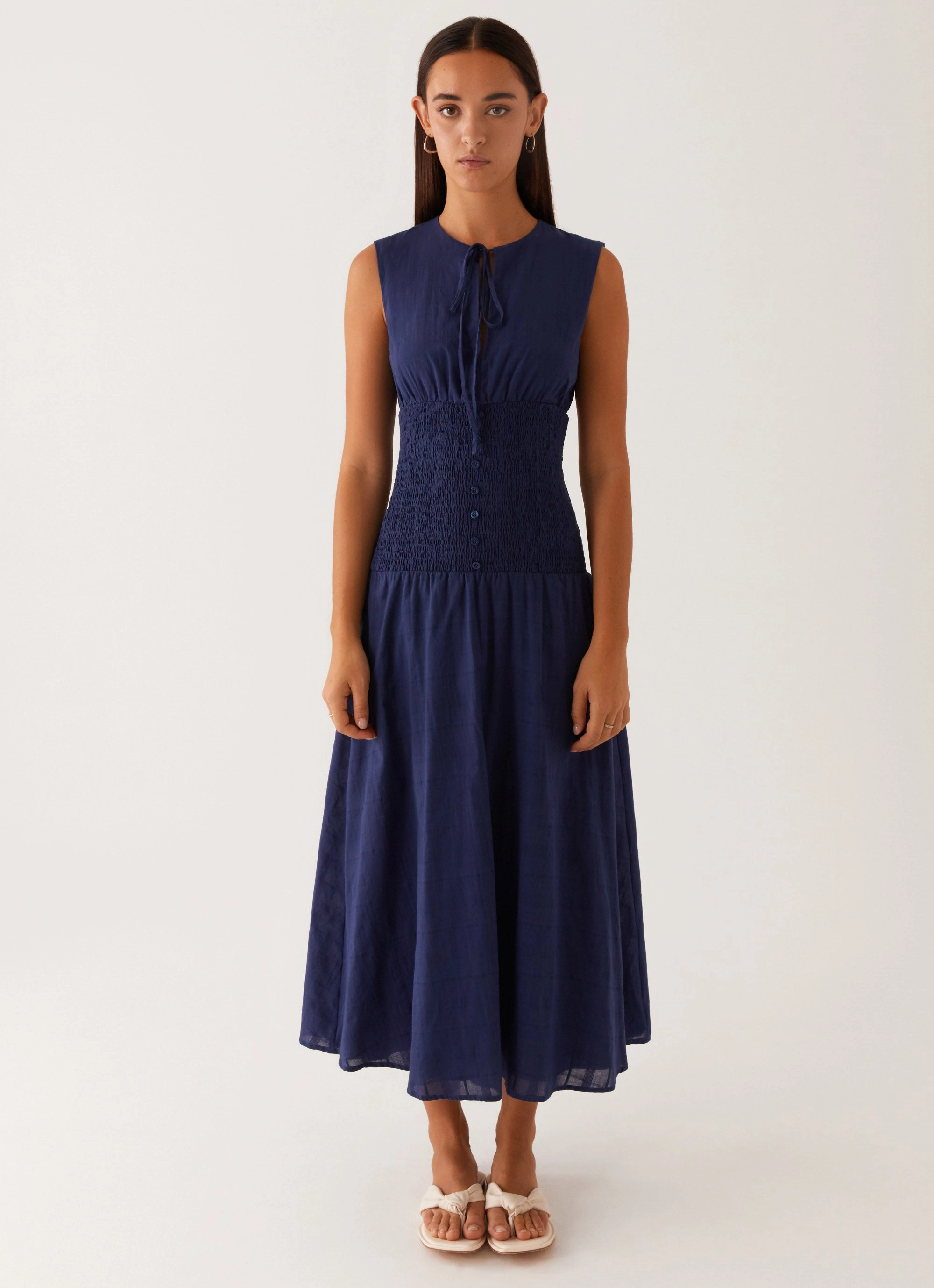 Basic Cool Belle Shirred Waist Midi Dress - Navy