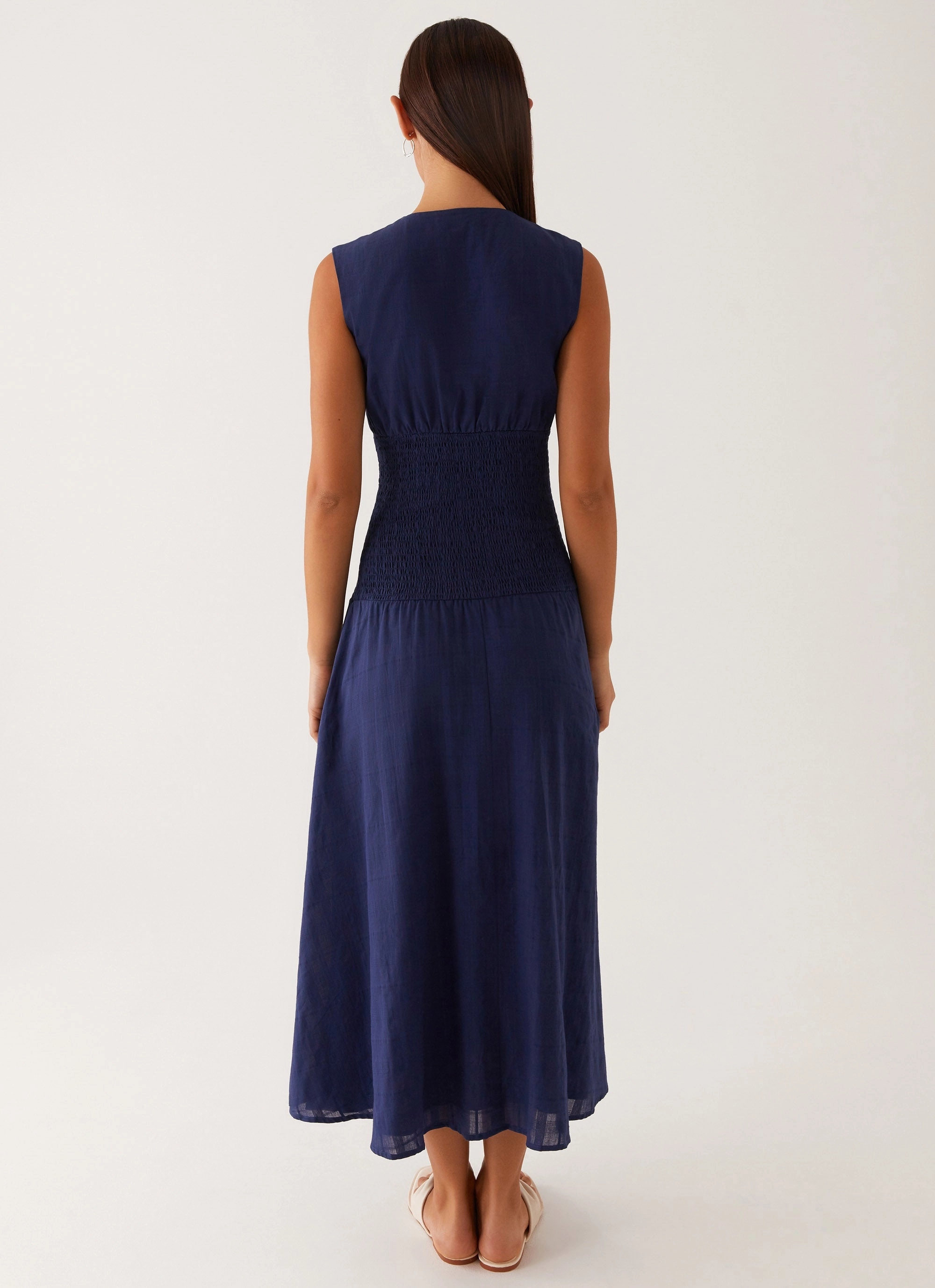 Knit Warm Cute Glow Belle Shirred Waist Midi Dress - Navy