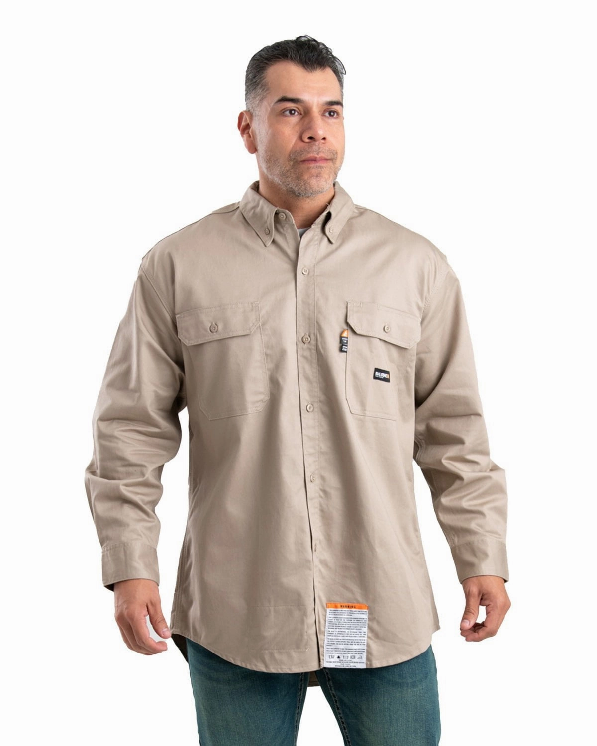 Berne Apparel Mens Flame Resistant Button Down Work Khaki Cotton Blend L/S Shirt Limited Edition