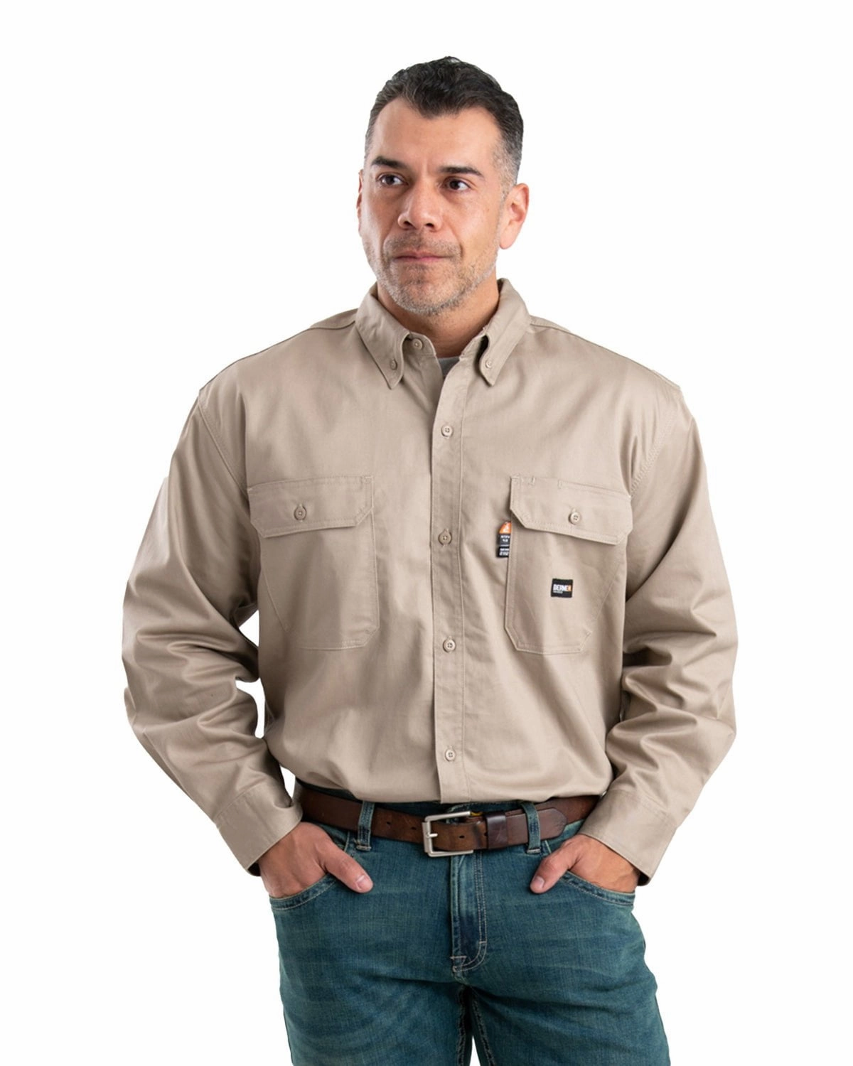 Berne Apparel Mens Flame Resistant Button Down Work Khaki Cotton Blend L/S Shirt Fall Fashion