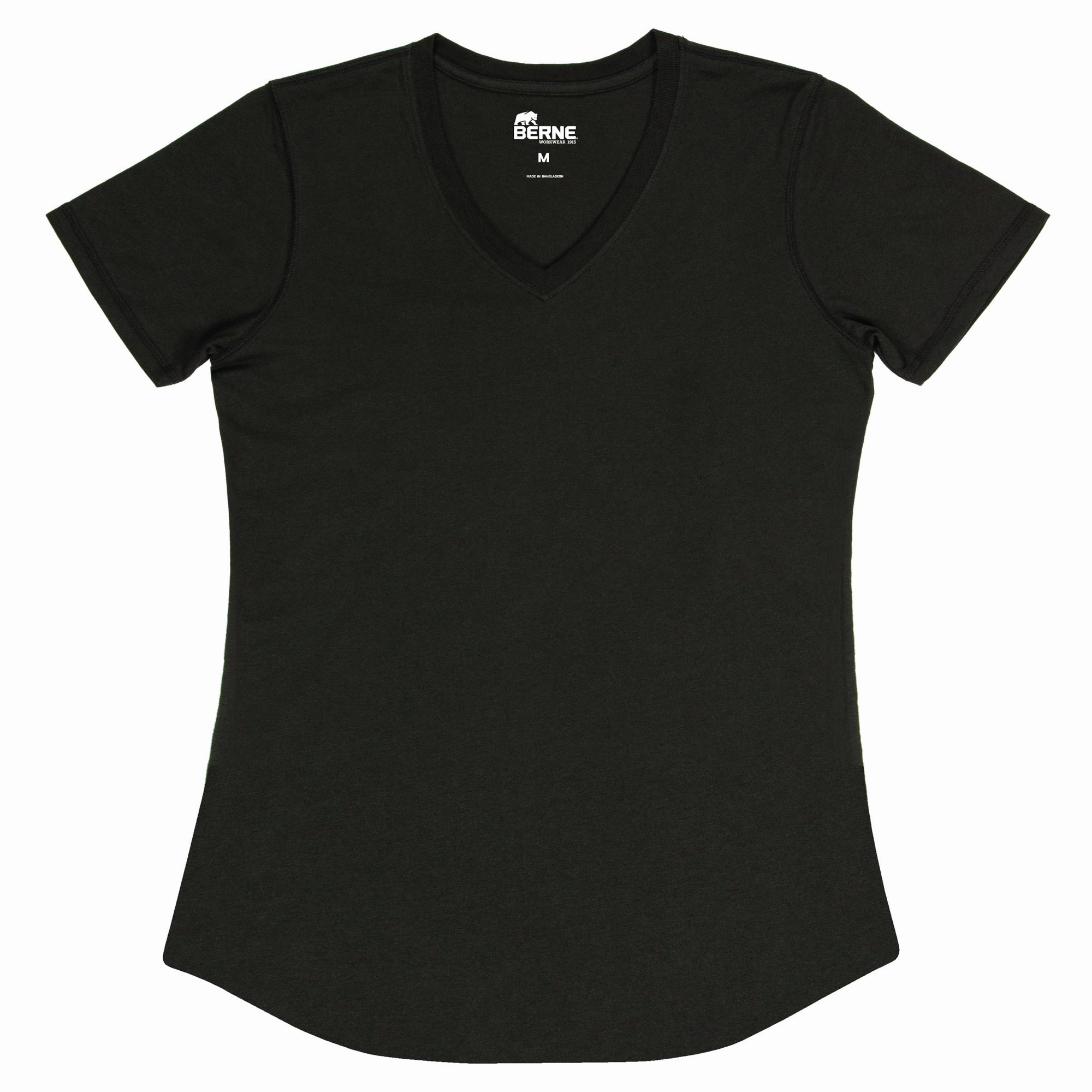 Seamless Shoulder Construction Fade Resistant Formula Berne Black Cotton Blend Ladies Lightweight Performance V-Neck S/S