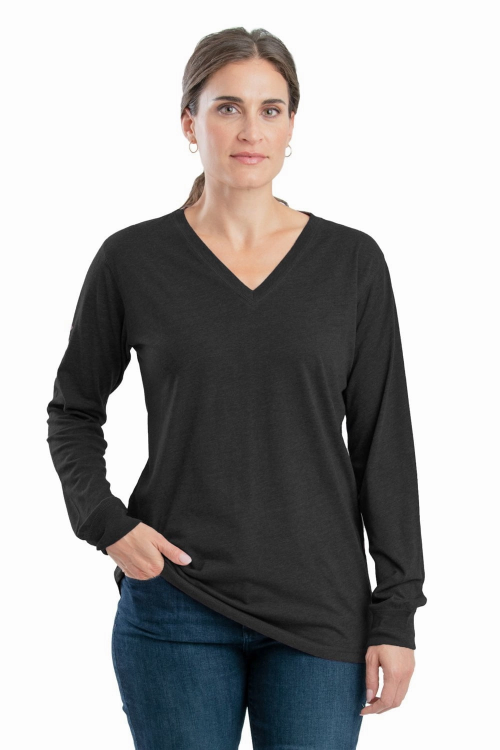 Berne Black Cotton Blend Womens Performance V-Neck Tee L/S Double Needle Hemming High Street Fashion