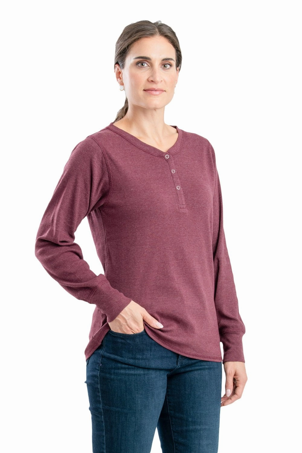 Berne Maroon Cotton Blend Womens Heavyweight Rib Knit Henley L/S Teen Fashion