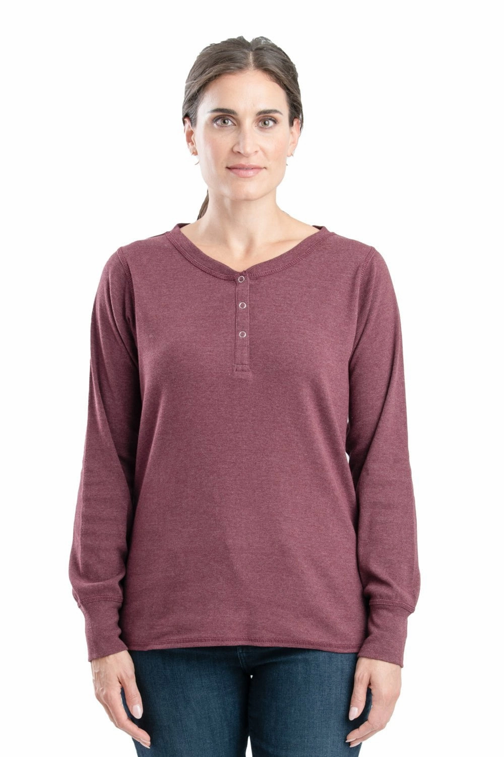 Berne Maroon Cotton Blend Womens Heavyweight Rib Knit Henley L/S high-low hem Subtle Print