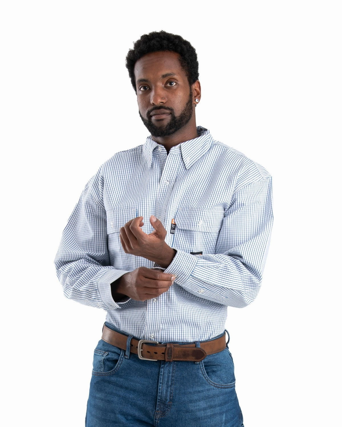 Berne Mens FR Button Down Plaid Work Navy 100% Cotton L/S Shirt Eco-Friendly Choice