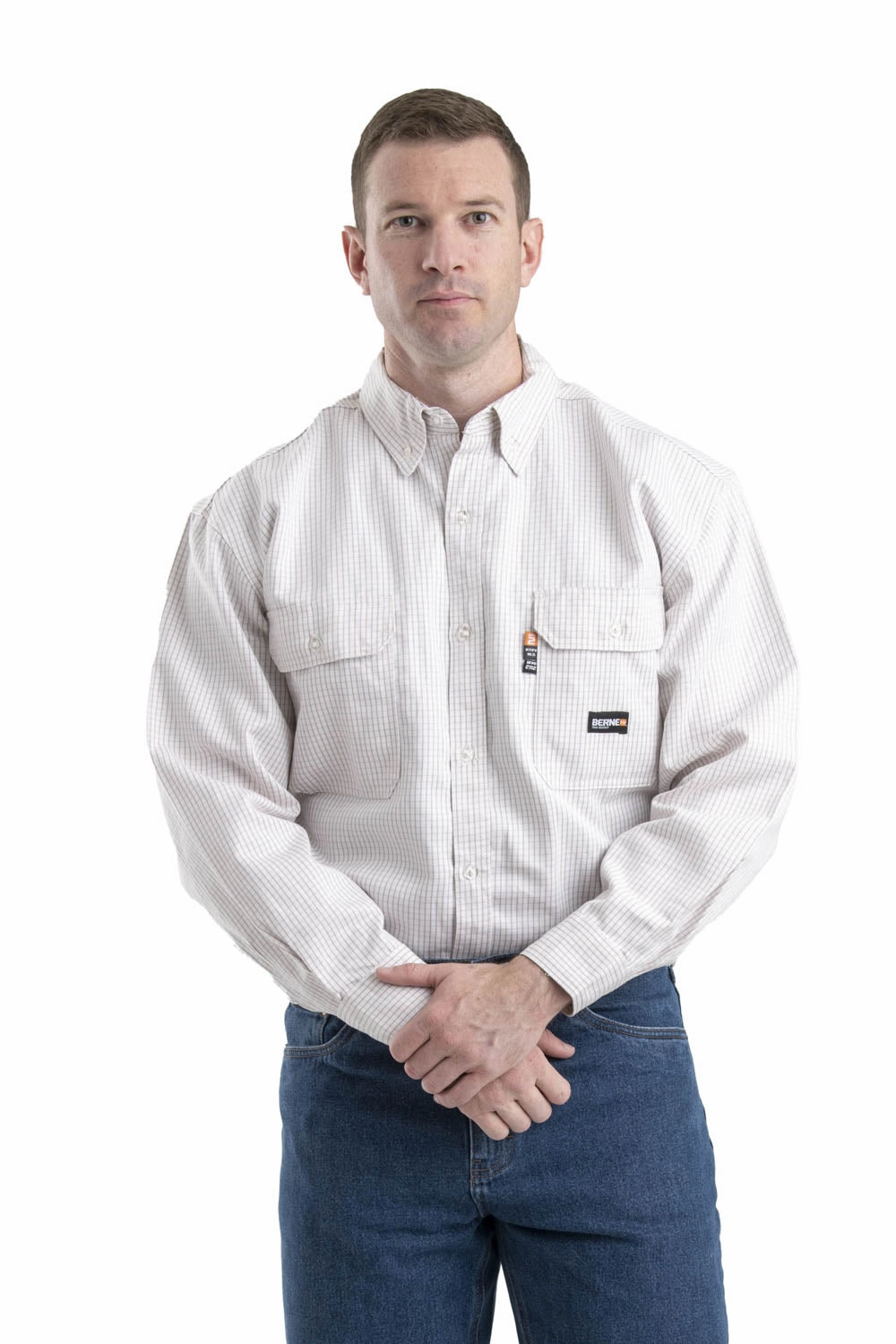 Year-Round Wear Berne Mens Khaki 100% Cotton FR Button Down Workshirt L/S